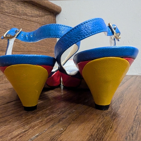 Vintage 80s color block leather, peep toe, sling back, low heel pumps. Sz 5 1/2 - Picture 7 of 15